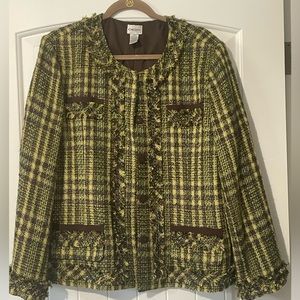 Chicos Size 3 Green and Brown Plaid Jacket with chain detail. So cute for fall!